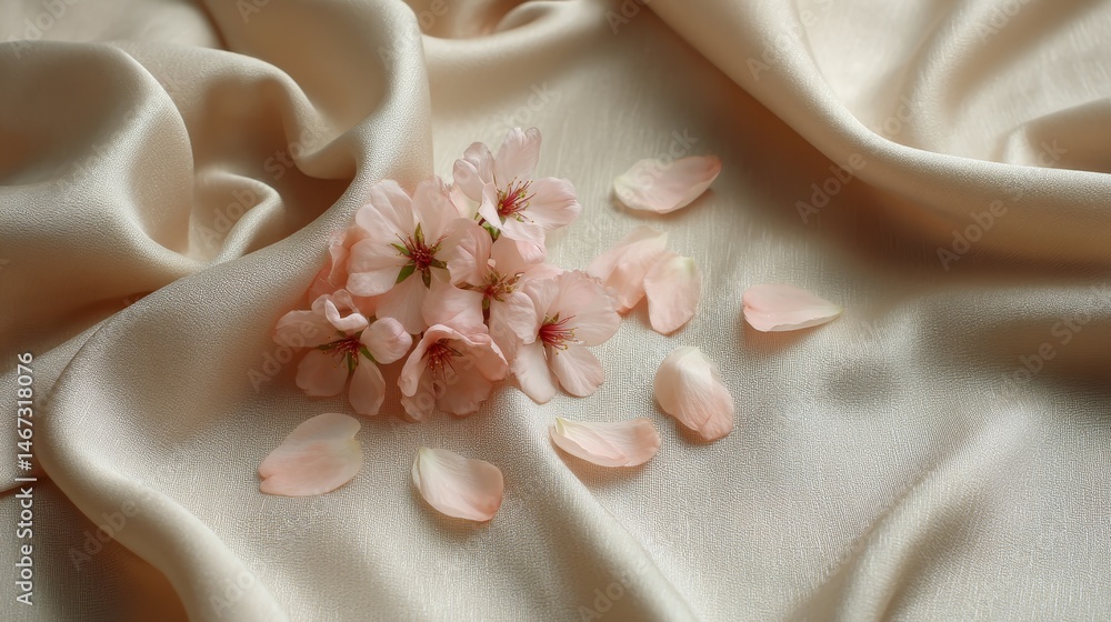Aufkleber Pale pink sakura petals rest delicately on a textured fabric, softly overlapping to create an elegant arrangement with plenty of space for text or design elements