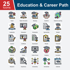 Education & Career Path is a collection of icons representing the journey through education, from academic achievements to career advancement, including scholarship opportunities, online learning.
