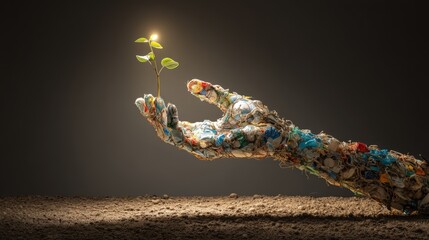 Recycled Supporting a Young Seedling in Soil with Bright Lighting