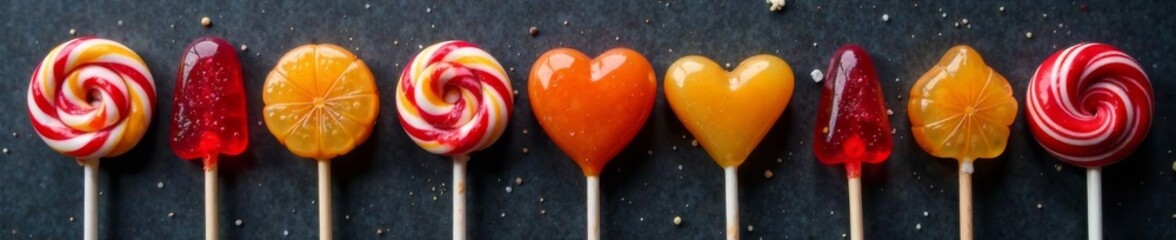 Lollipop and caramel candy sticks arranged artfully on a dark background, caramel candy, candy stick