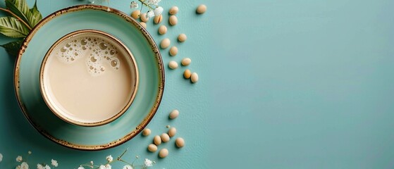 Obraz premium Bowl of soy milk with soybeans on a ceramic plate and minimal background. Top down aerial view of soy milk glass with soy bean scattering around. Plant-based diet and healthy eating concept. AIG55.