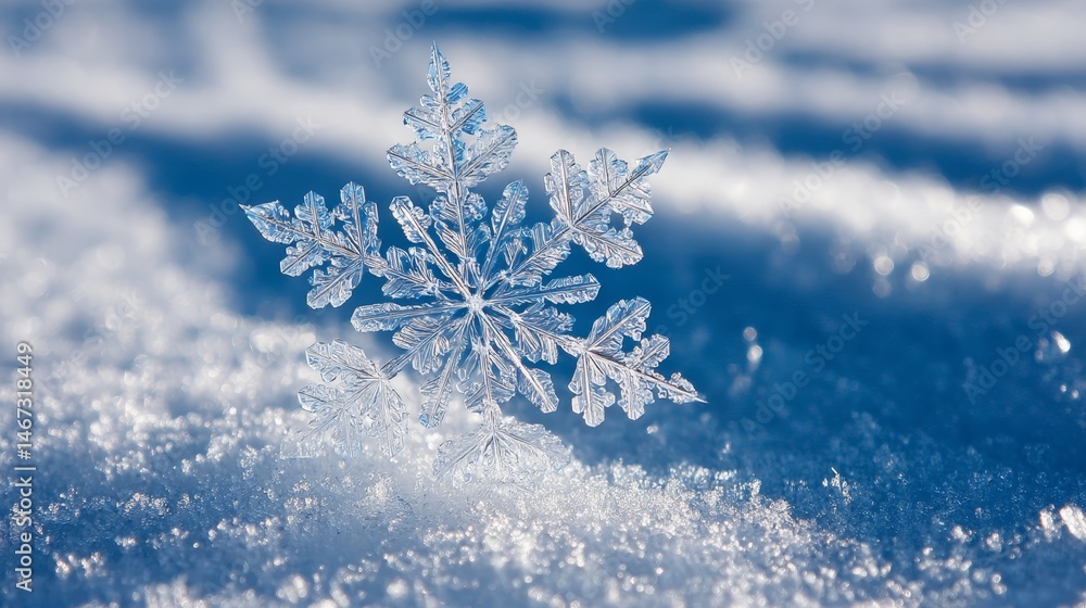 Poster delicate snowflake with intricate shapes rests on a soft snow surface, illuminated by cool natural l