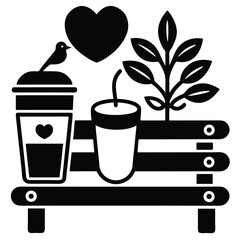 Cozy Coffee Break Love, Birds, Plants & Drinks on a Bench