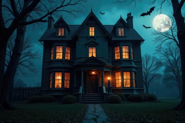 Spooky haunted house facade with cobwebs & bats, pumpkin, horror