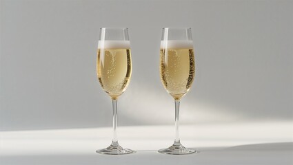 Photorealistic image of an soft champagne glasses on a soft white surface