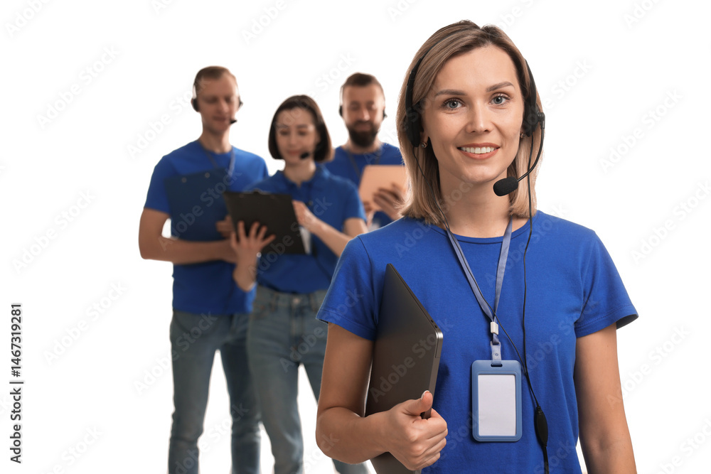 Poster technical support call center. team of friendly operators on white background
