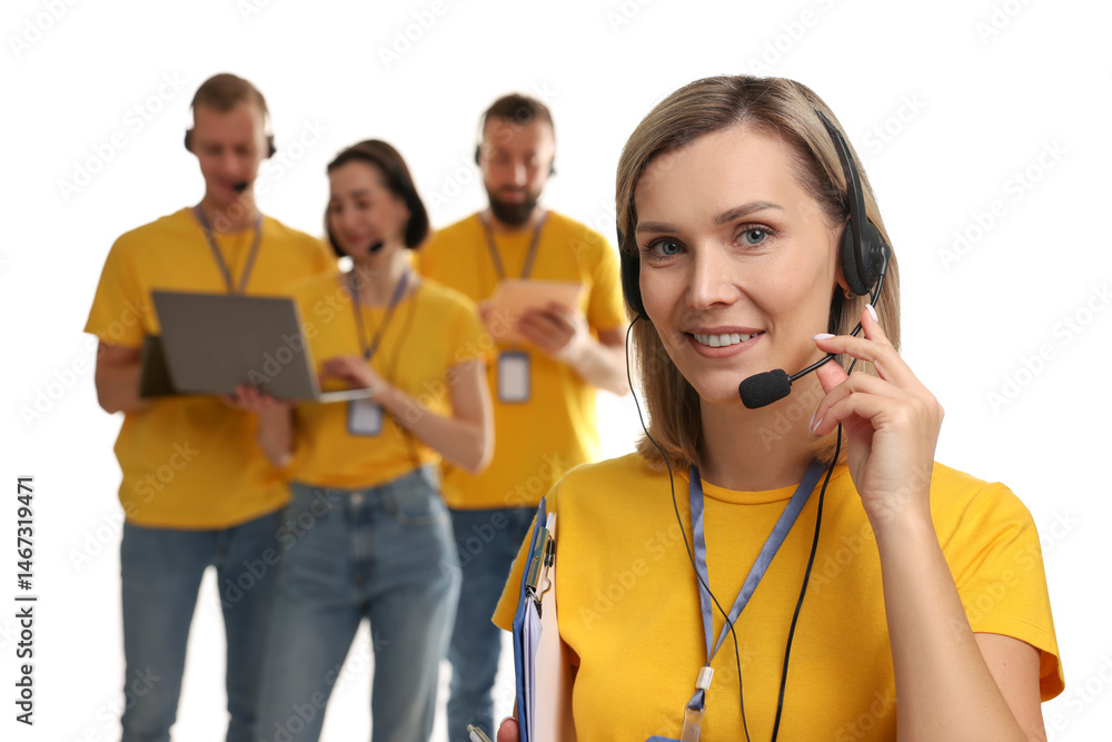Poster technical support call center. team of friendly operators on white background