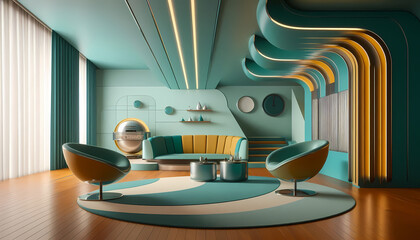 Space age interior abstract. Retro-modernist interior scene evoking space optimism, ideal for design publications or visual branding. Generative AI