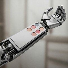 Futuristic robotic arm with built-in color palette on grey background