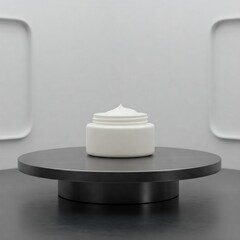 White cosmetic cream jar on black pedestal with minimalist background