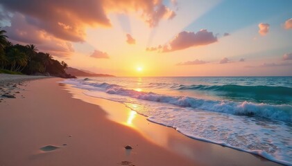 Tranquil beach background at sunset, soft sand, calm ocean waves , tranquil, nature, horizon