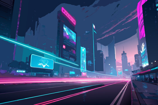 Design a cyberpunk game banner featuring bold magenta and cyan hues.  Showcase futuristic cityscapes, neon lights, and a gritty aesthetic.