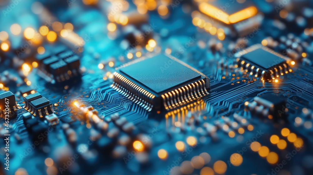 Poster Close-up of electronic microchip on a luminous circuit board with detailed connections