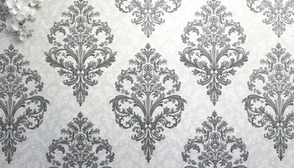 Elegant damask pattern with silver grey and white arabesque details , seamless, luxury, arabesque