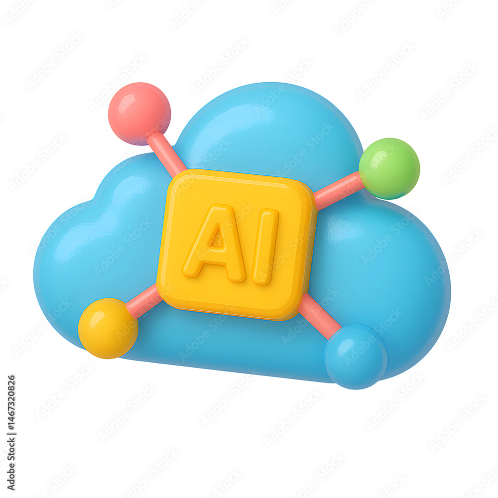 Poster stylized 3d cloud icon symbolizing artificial intelligence technology with colorful spheres represen