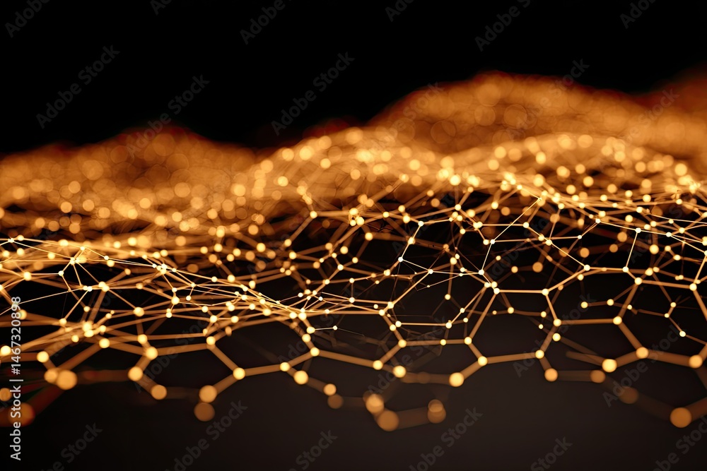 Aufkleber abstract orange network nodes forming wave-like pattern on black background