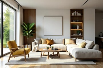 Fototapeta premium Stylish living room with modern furniture and decor, natural light , room, windows