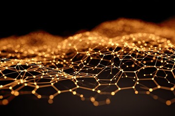 Abstract orange network nodes forming wave-like pattern on black background