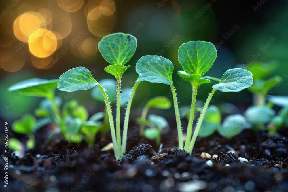 Poster green seedlings emerging from dark soil with a soft bokeh background.