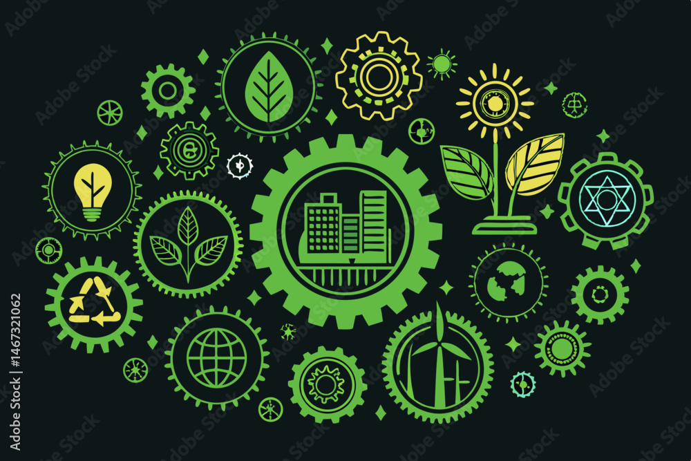 Poster create a vibrant vector illustration showcasing eco-innovation concepts using bold contrasting color