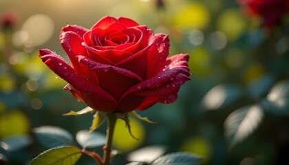 Macro Shot of a Fresh Red Rose in Full Bloom with Dewdrops on Velvety Petals against a Soft-Focused Garden Background in Morning Light