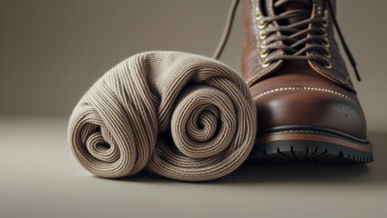 Photorealistic image of a wool sock curled beside boot
