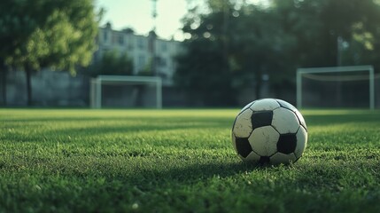 Soccer ball on grassy field near goals at sunset.