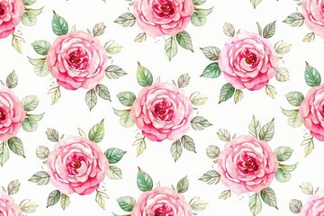Delicate watercolor roses & leaves, repeating pattern, pink, graphic