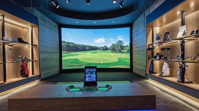 Golf simulator in a golf shop.