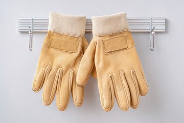 Firefighter Gloves Resting on a Wall Rack After a Long Day of Duty, Showcasing Worn Leather and Protective Design