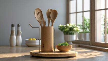 Photorealistic image of a wooden utensil rest with carved slots in a studio setting