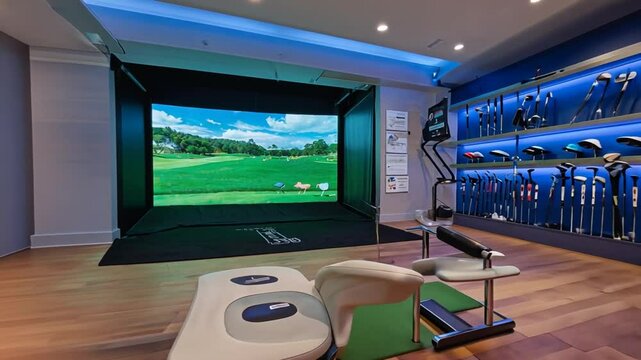 Golf simulator in a golf shop.