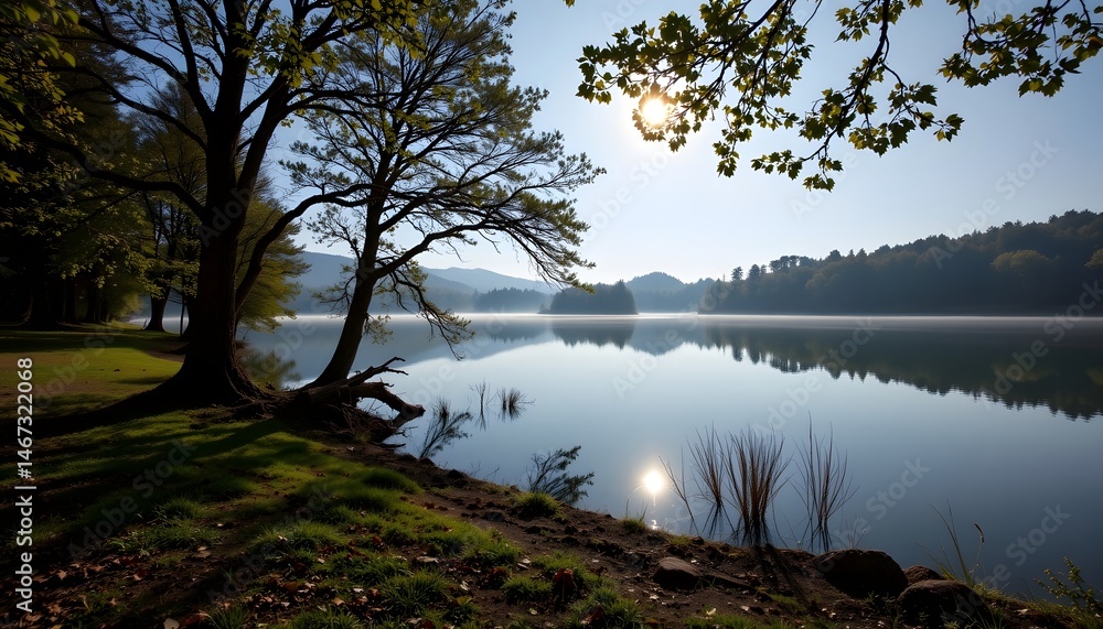 Poster calm lake with a tree in the foreground casting shadows on the serene water surface