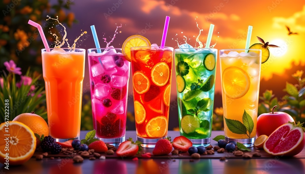 Poster assorted drinks in various colors and styles captured in a bright neon glow art style