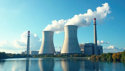 A massive industrial power plant with cooling towers and smokestacks against a blue sky , sustainability, energy production