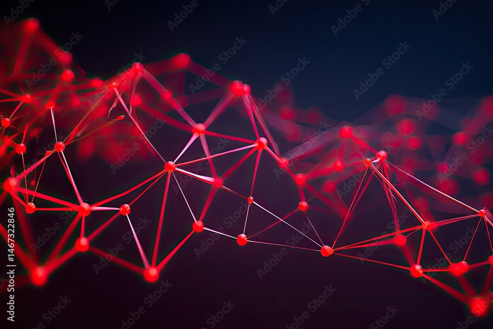 Poster abstract network of interconnected points and lines. red glowing particles forming a wavy structure