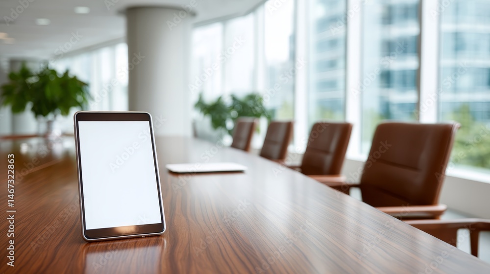 Poster the tablet sits on a polished walnut table in a contemporary office, illuminated by soft natural lig