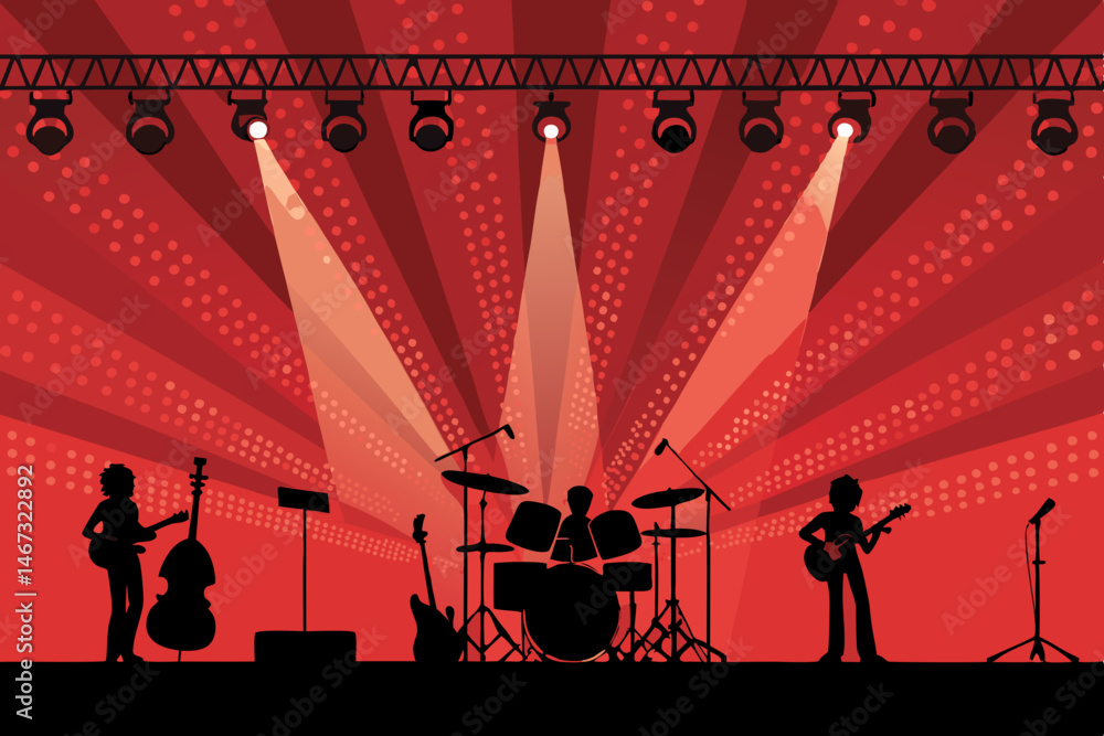 Poster design a vibrant vector concert background featuring a bold red spotlight illuminating a dynamic sta