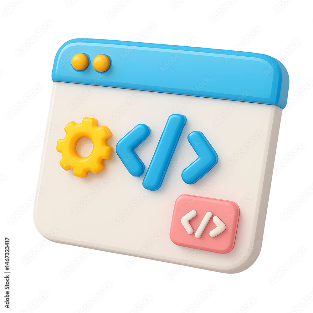 Poster colorful 3d icon representing a coding interface with gear, brackets, and buttons set on a transpare