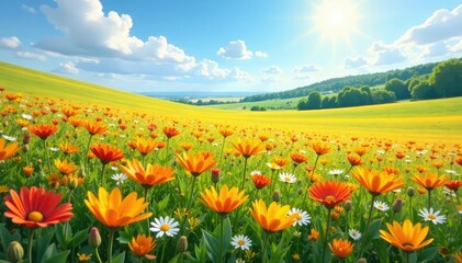 Fototapeta premium Wildflowers bloom across vast, sun-drenched field, delicate, plants