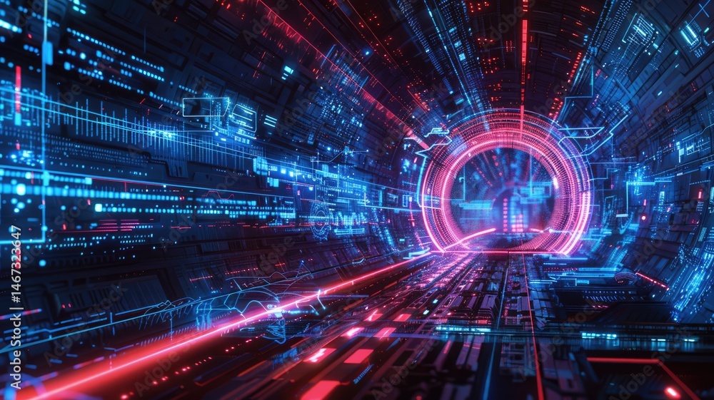 Poster abstract digital shape and particle technological cyber style design connecting become system shape 