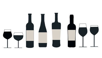  Set of wine bottle with wine glasses vector icons.  collection of Black silhouette of wine bottles and wine glasses