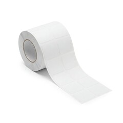 Roll of blank white adhesive label stickers on white background