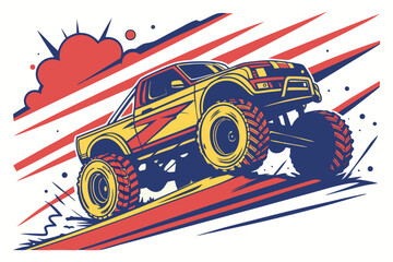 Dynamic monster truck illustration in vibrant colors with splashes, perfect for automotive art, posters, and action-packed designs Toy. © Abu hamed shah