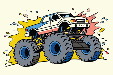 Dynamic monster truck illustration in vibrant colors with splashes, perfect for automotive art, posters, and action-packed designs Toy. © Abu hamed shah