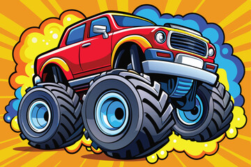 Dynamic monster truck illustration in vibrant colors with splashes, perfect for automotive art, posters, and action-packed designs Toy. © Abu hamed shah