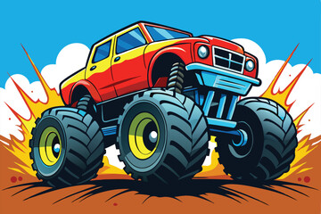 Dynamic monster truck illustration in vibrant colors with splashes, perfect for automotive art, posters, and action-packed designs Toy. © Abu hamed shah