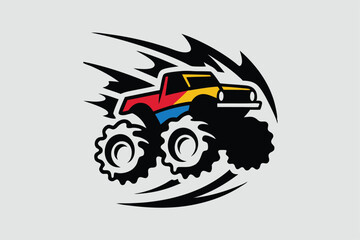 Dynamic monster truck illustration in vibrant colors with splashes, perfect for automotive art, posters, and action-packed designs Toy.