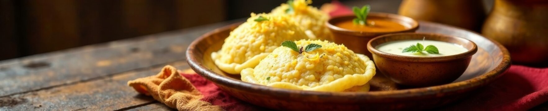 Traditional Gujarati thali on a wooden plate with steaming hot puri, papad, and creamy basundi or kheer , Indian recipe, Hindu ritual