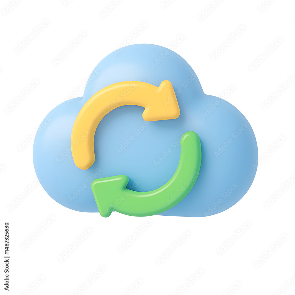 Poster 3d cloud icon with circular arrows representing business technology and data exchange on a transpare